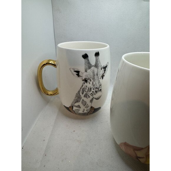 Pier 1 Book Club Giraffe Mugs Clothed Animal Gold Handled Coffee Cups Fine Chin - Picture 7 of 8
